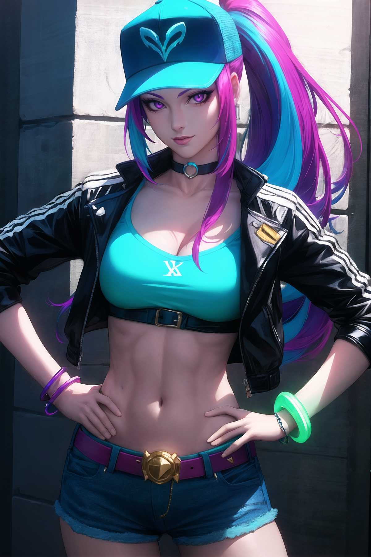 10072045-667688143-artgerm, masterpiece, best quality, 1girl, baseball cap, belt, bracelet, breasts, choker, cleavage, crop top, hands on own hips,.png